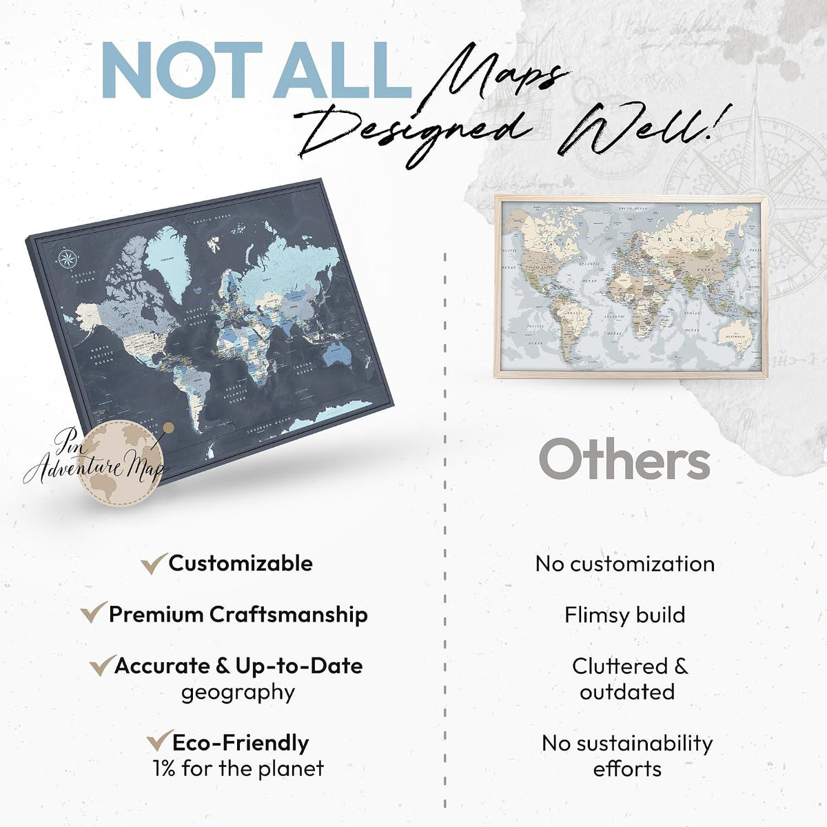 World Map Canvas with Pins: Explore Political or Tourist Destinations in 5 Colors. | Perfect Gift for Travelers' sized 22' x 16' | by Pin Adventure map (Navy, Political map)