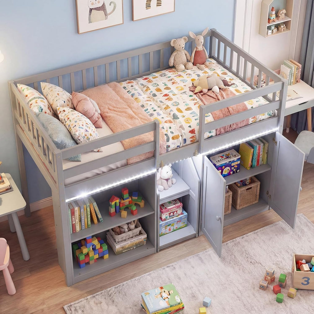 Giantex Low Loft Bed Twin Size with LED Lights, Wooden Bed Frame w/Stairs, Safety Guardrails, Storage Cabinet, Bookshelf & Under-Bed Play Space, Modern Kids Loft Bed for Boys Girls (Grey)