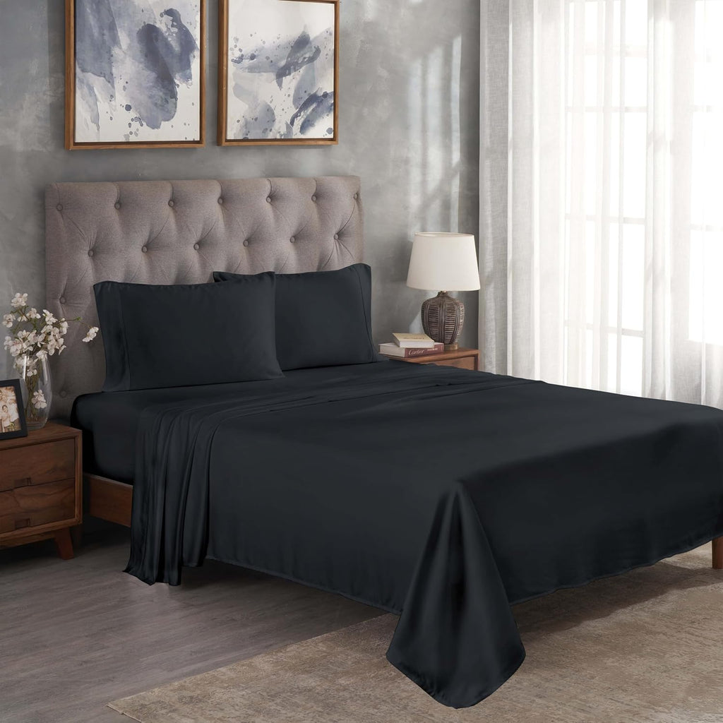 Superior Modal from Beechwood 300 Thread Bed Sheet Set, 1 Elastic Deep Pocket Fitted Sheet, 1 Flat Sheet, 1 Pillowcase, Soft Cool Sheets, Sateen Weave, Bedding Essentials, Twin XL, Black