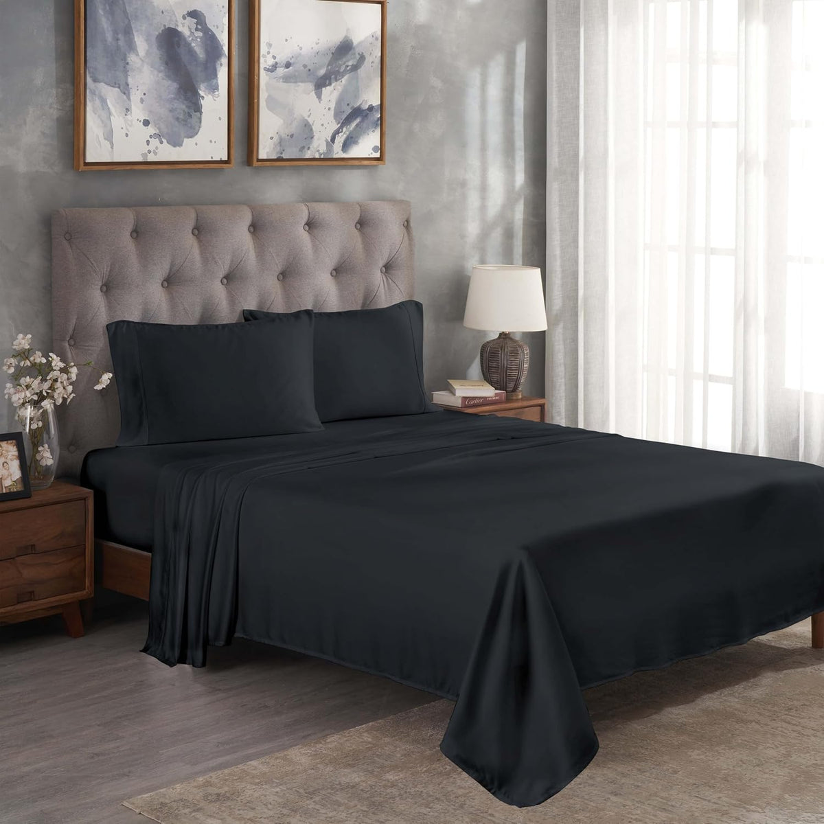 Superior Modal from Beechwood 300 Thread Bed Sheet Set, 1 Elastic Deep Pocket Fitted Sheet, 1 Flat Sheet, 1 Pillowcase, Soft Cool Sheets, Sateen Weave, Bedding Essentials, Twin XL, Black