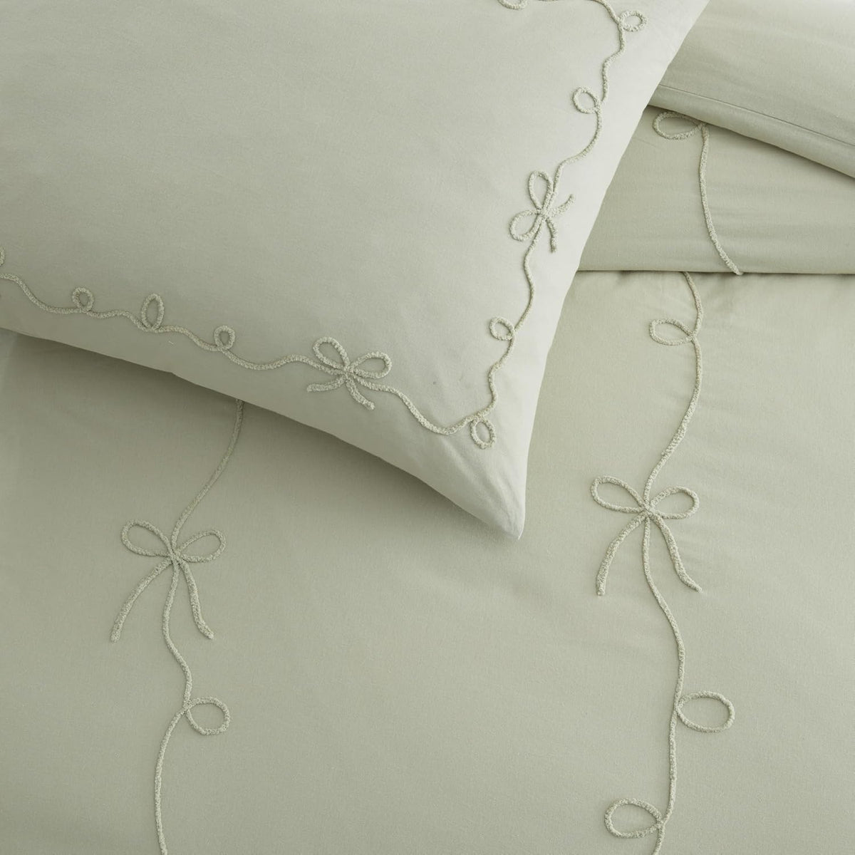 Peri Home Bows Duvet Cover Set 100% Cotton 3-Piece Bedding, King, Green Sasha Bows
