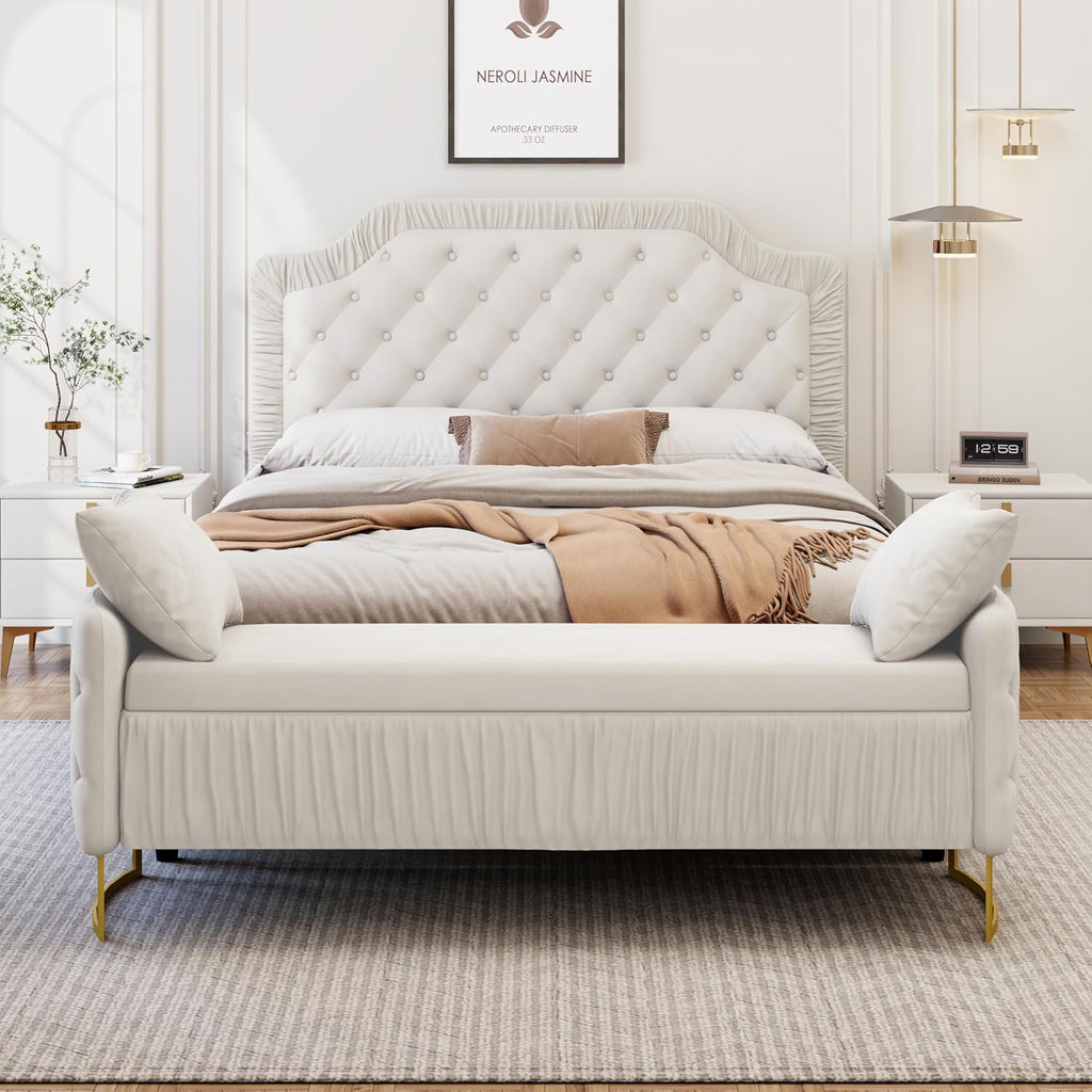 2-Pieces Bedroom Sets, King Size Tufted Velvet Upholstered Platform Bed with Storage Ottoman Bench for Kids Teens Adult Bedroom, Wood Slat Support, No Box Spring Needed (White-012)