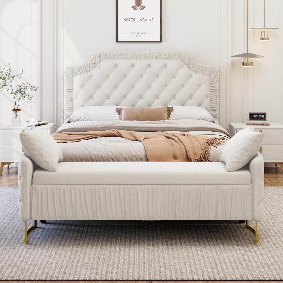 2-Pieces Bedroom Sets, Full Size Tufted Velvet Upholstered Platform Bed with Storage Ottoman Bench for Kids Teens Adult Bedroom, Wood Slat Support, No Box Spring Needed (White-2Z)
