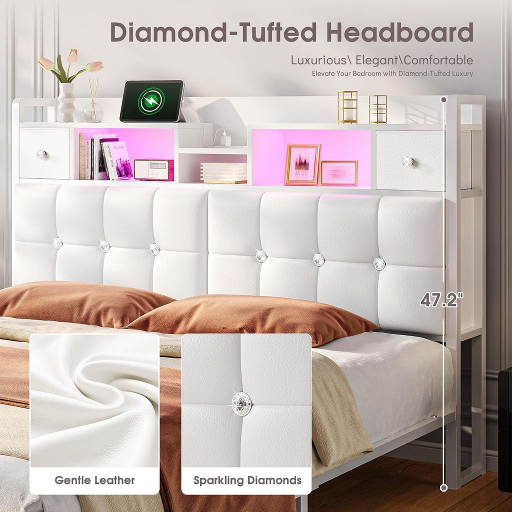 Homkdom Queen Bed Frame with 4 Drawers and Diamond-Tufted Upholstered Storage Headboard,LED Lights & Charging Station,1100 LBS Heavy Duty,No Box Spring Needed,Modern White