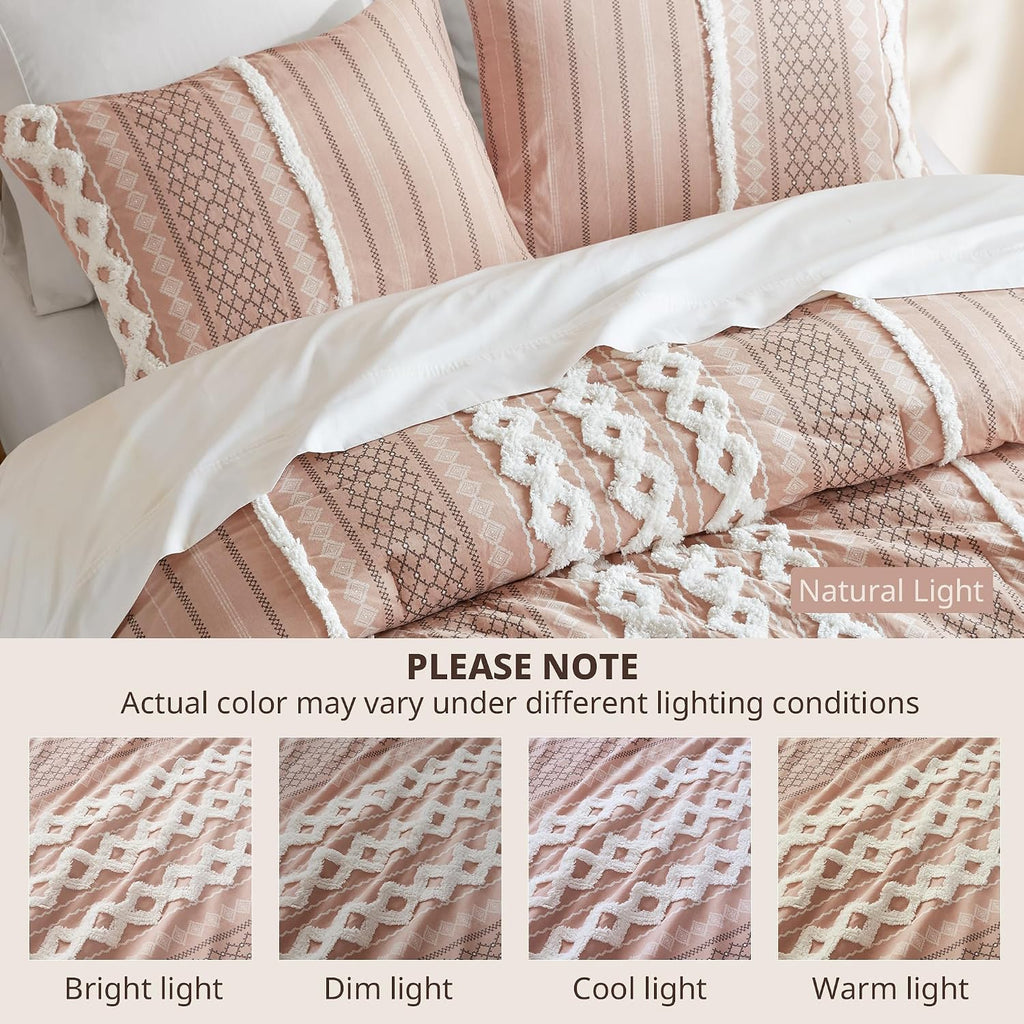 INK+IVY Comforter for Queen Size Bed, Chenille Tufted, Breathable Cotton Comforter Set Queen, All Season Modern Boho Comforter with Farmhouse Bedding Flare, 2 Matching Shams, Queen Blush 3 Piece
