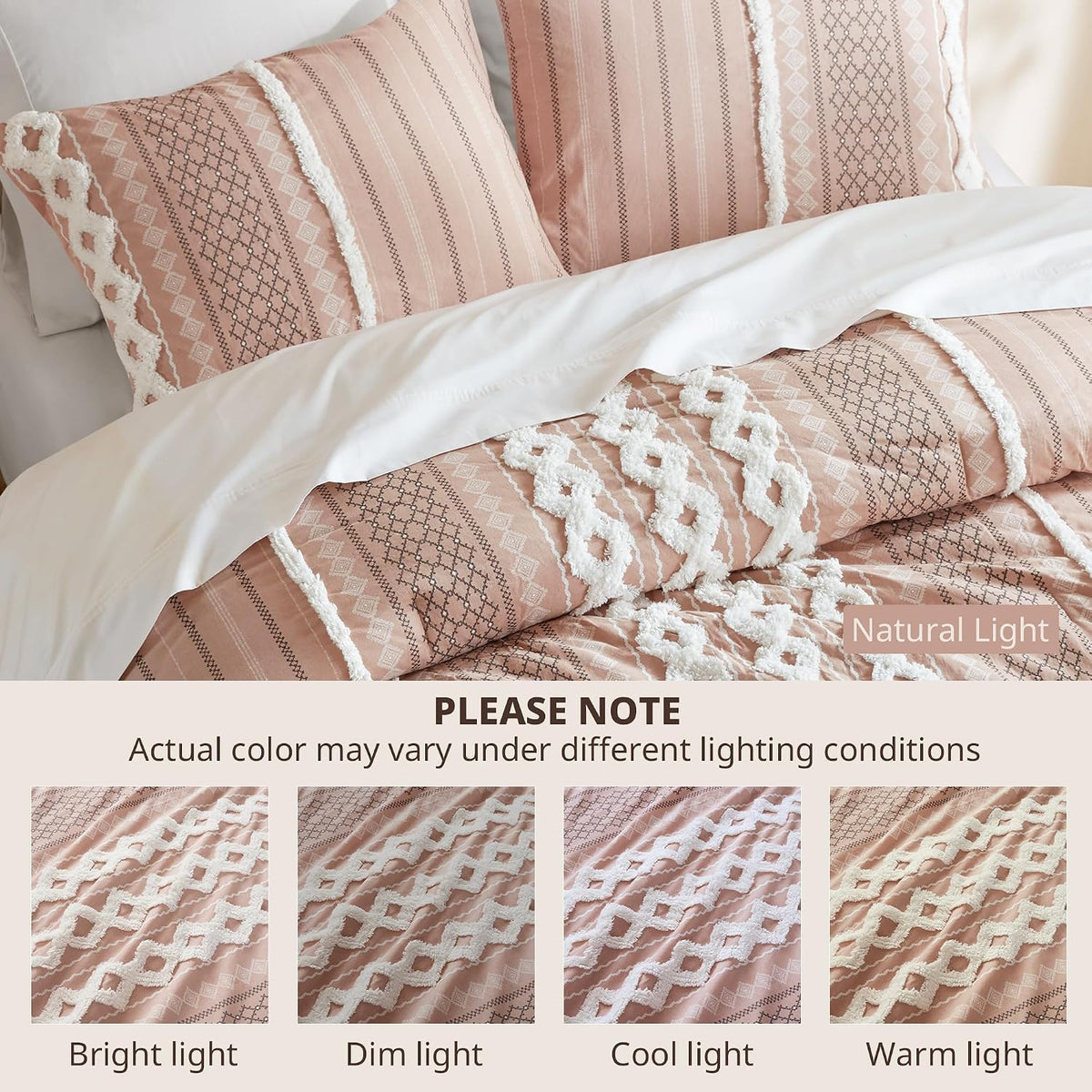 INK+IVY Comforter for Queen Size Bed, Chenille Tufted, Breathable Cotton Comforter Set Queen, All Season Modern Boho Comforter with Farmhouse Bedding Flare, 2 Matching Shams, Queen Blush 3 Piece