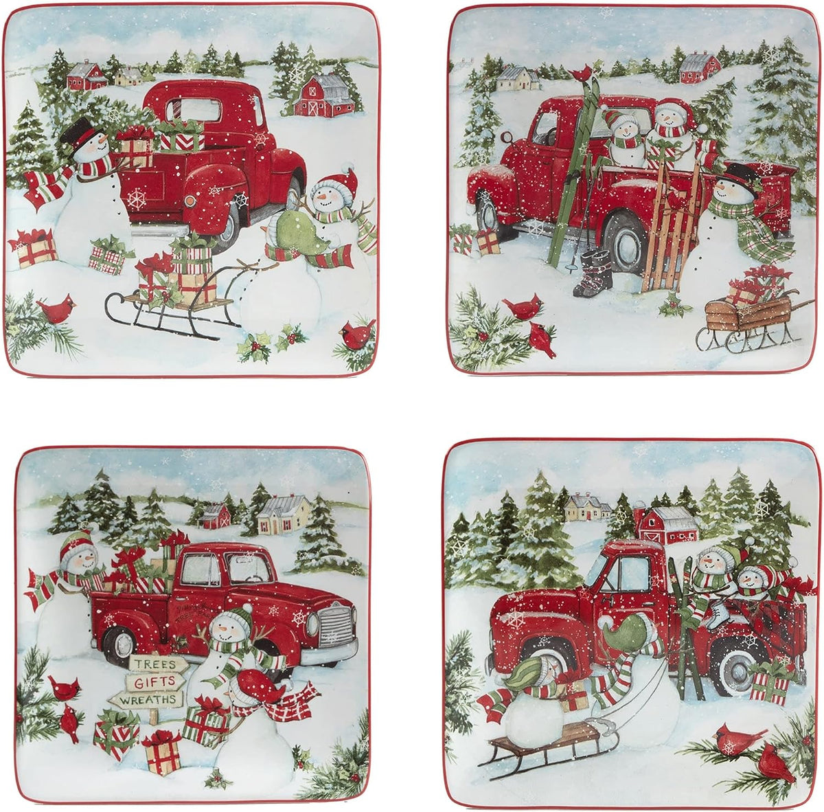 Red Truck Snowman 16 Pc Dinnerware Set Service for 4 Multi Color White Holiday Casual Modern Contemporary Square Piece Dishwasher Safe Microwave