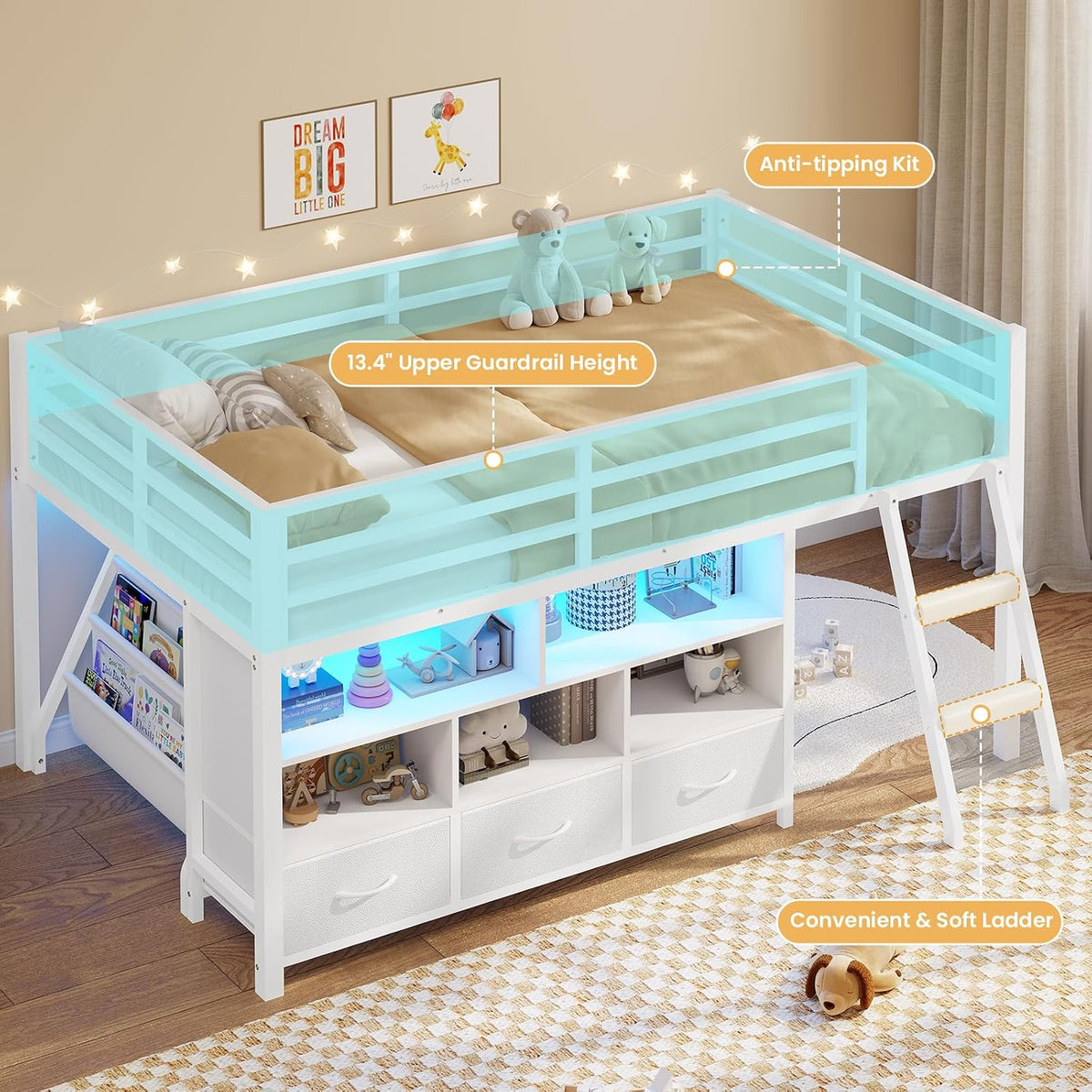 BTHFST Low Loft Bed Twin Size with 3 Storage Drawers, 3-Tier Kids Bookshelf, 5 Open Cubbies and 2 LED Lights Strips, Metal Kids Loft Bed with High Safety Guardrail, Inclined Ladder and Play Area