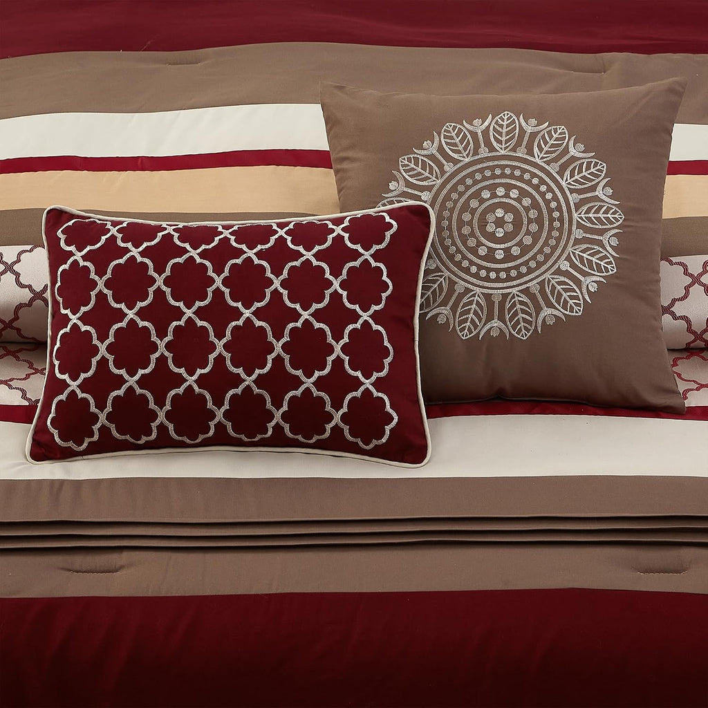 LANCO MODERN LIFESTYLE California King Comforter Set, Berry Taupe Bedding Set, Jacquard Woven with Embroidery, 8 Pieces Bed in a Bag, Bed Skirt, Shams and Decorative Pillows