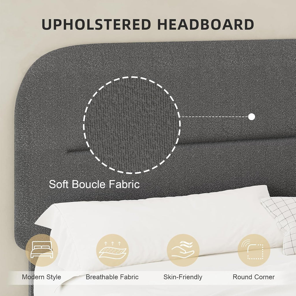 HOMBCK King Size Bed Frame, Boucle Upholstered Bed Frames and Headboard, Soft Bed Frame King with Thickened Footboard, Rounded Corners, No Box Spring Needed, Easy Assembly, Grey