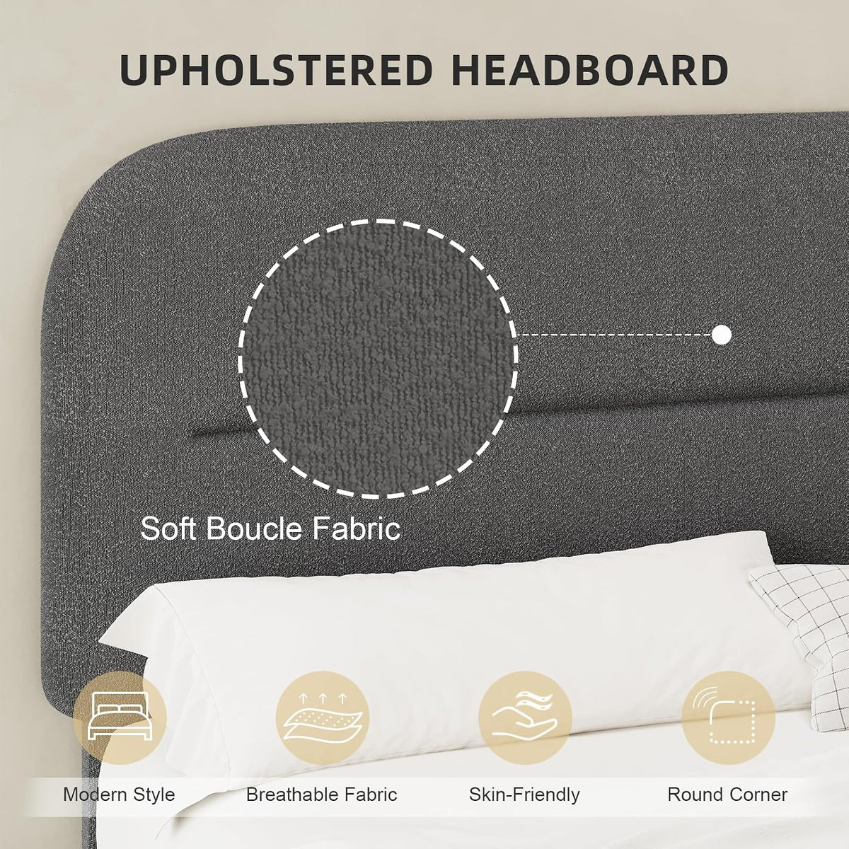 HOMBCK King Size Bed Frame, Boucle Upholstered Bed Frames and Headboard, Soft Bed Frame King with Thickened Footboard, Rounded Corners, No Box Spring Needed, Easy Assembly, Grey