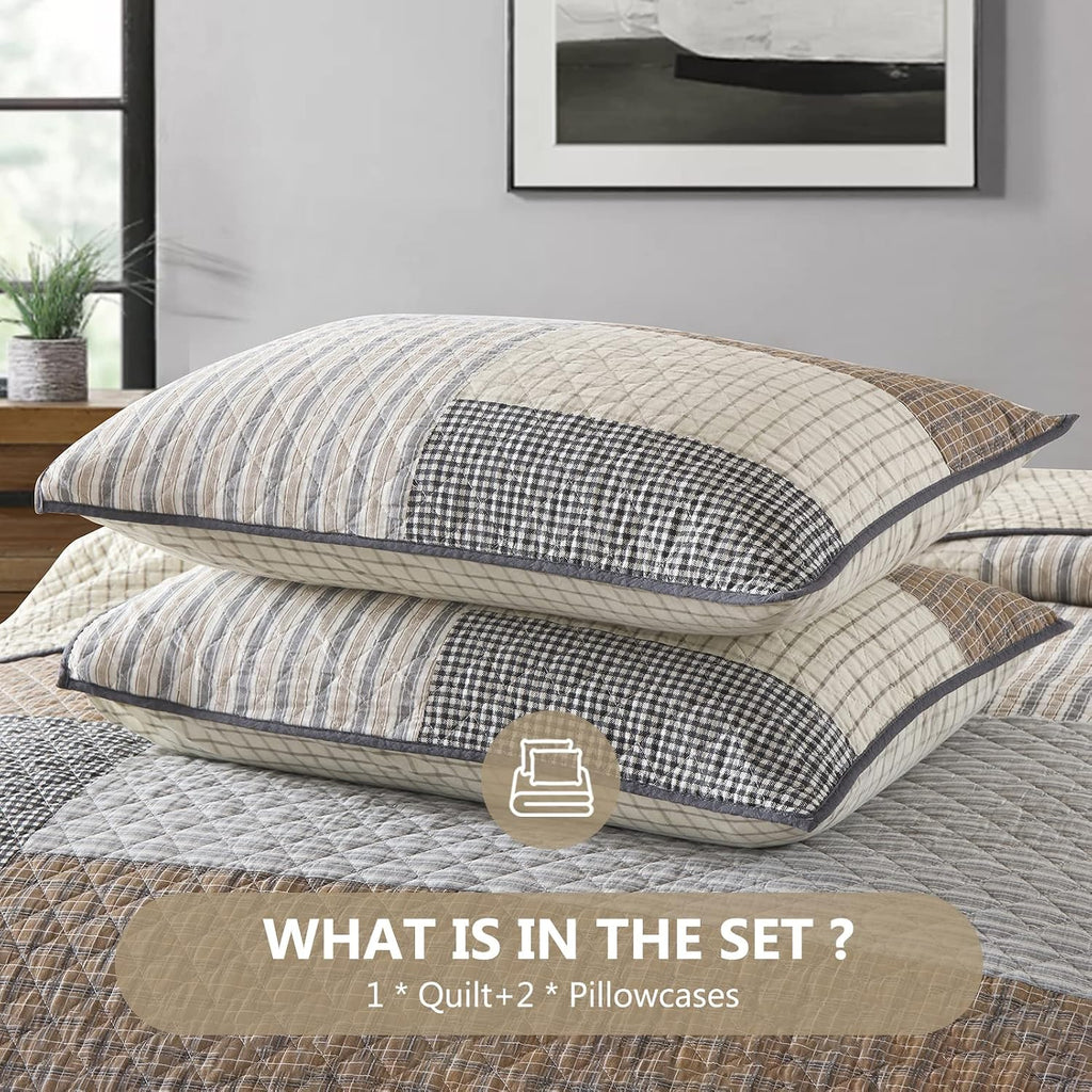 Quilts Queen Size - Queen Quilt Bedspread, 100% Cotton Patchwork Quilt Bedding Set for Queen Bed, 3 Pieces Plaid Farmhouse Reversible Rustic Lightweight Comforter Spread, Brown/Beige/Gray