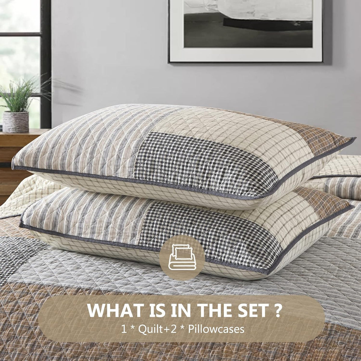 Quilts Queen Size - Queen Quilt Bedspread, 100% Cotton Patchwork Quilt Bedding Set for Queen Bed, 3 Pieces Plaid Farmhouse Reversible Rustic Lightweight Comforter Spread, Brown/Beige/Gray