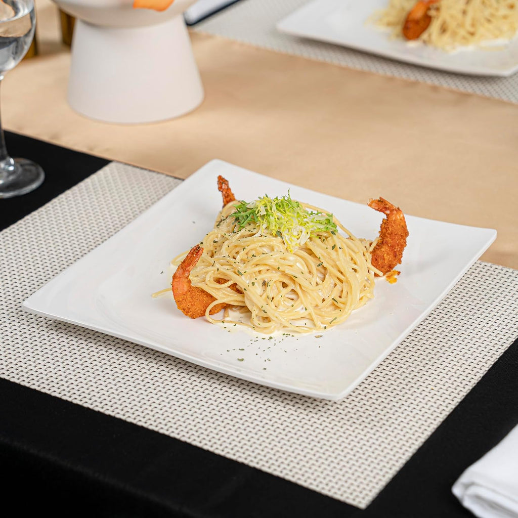 Restaurantware Voga 10 x 10 Inch Serving Plates 10 Square Pasta Plates - Premium Top-Rack DIshwashable White Melamine Serving Platters Serve Appetizers Or Desserts For All Occasions