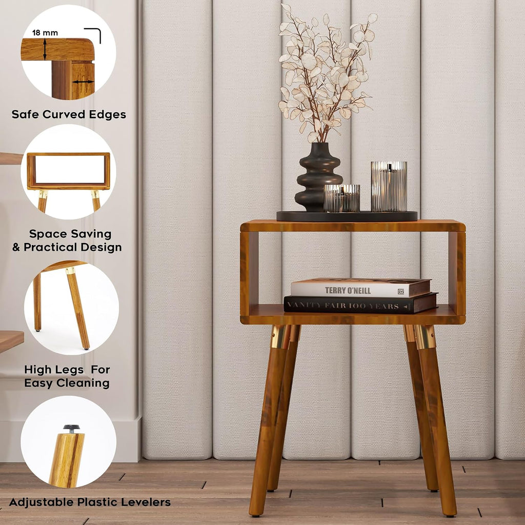 Bme Dinkee Solid Wood Nightstand, Fully Assembled, Without Drawer for Mid Century Bedroom and Living Room, Caramel
