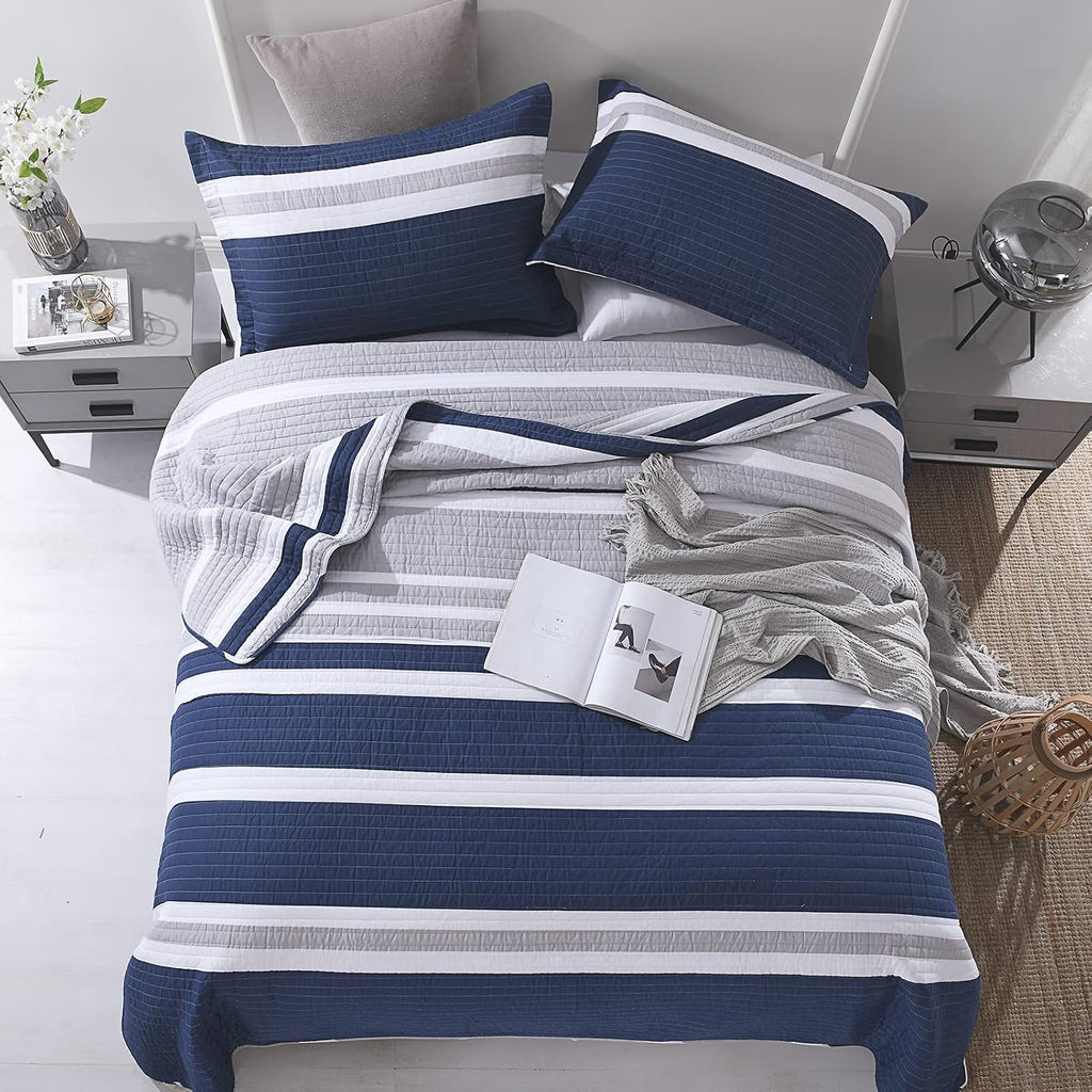 SahSahCasa Quilt King Size, 100% Cotton King Quilt Set, Navy Blue Striped Quilt, King Quilt Bedding Set Bedspreads, Lightweight Comforter for King Bed, All Season, Navy Blue, 3 Pieces