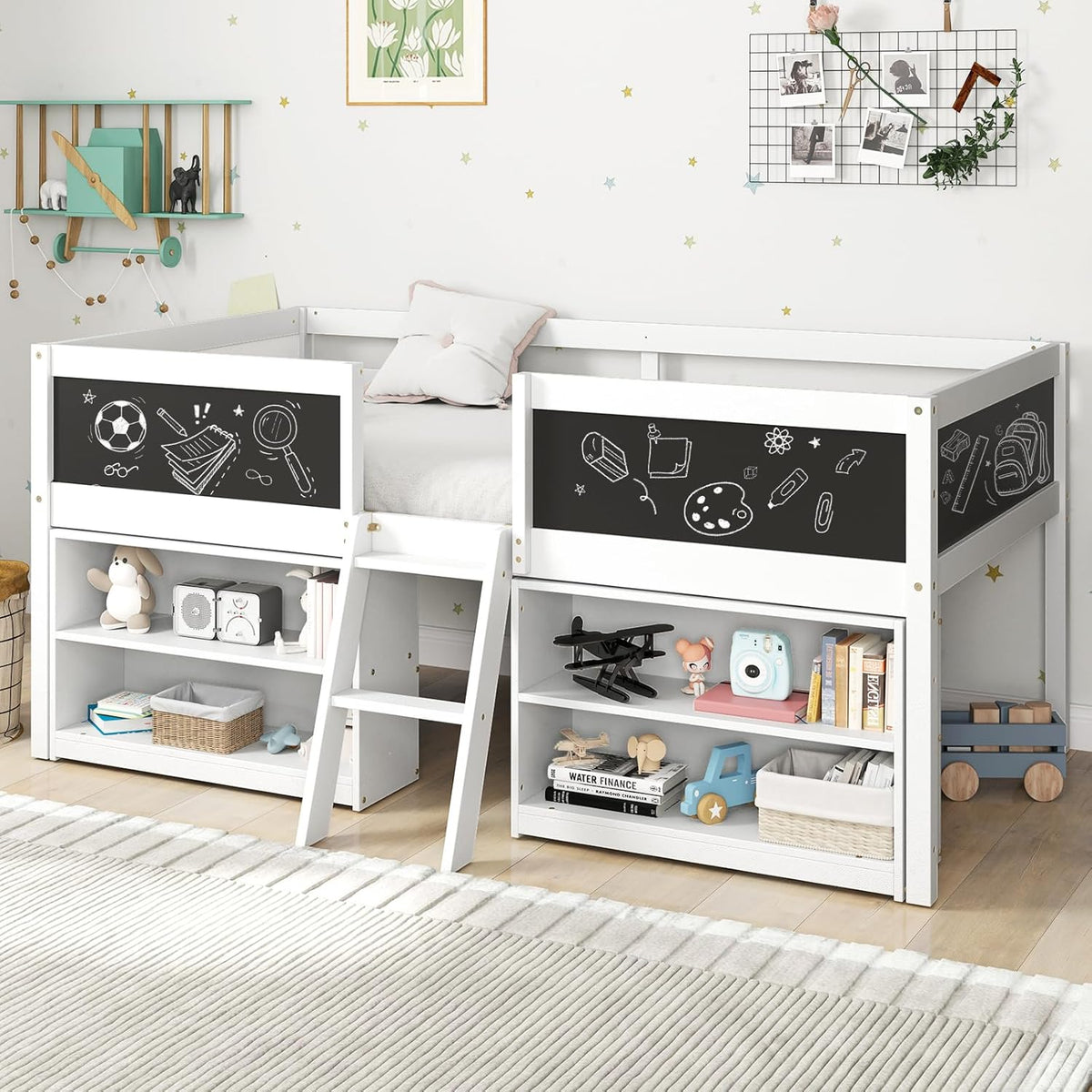 Giantex Low Loft Bed Twin Size, Wooden Loft Bed with Ladder & Blackboard, Twin Bed Frames for Kids with Storage 2 Bookcases and Play Space, White