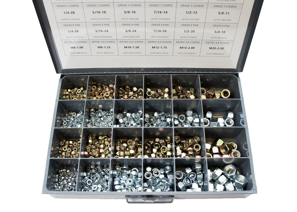 1200pcs Nylon Locknut Assortment USS, SAE, and Metric | Coarse and Fine Thread Grade 8, 5, and 8.8 (See Description for Quantities)