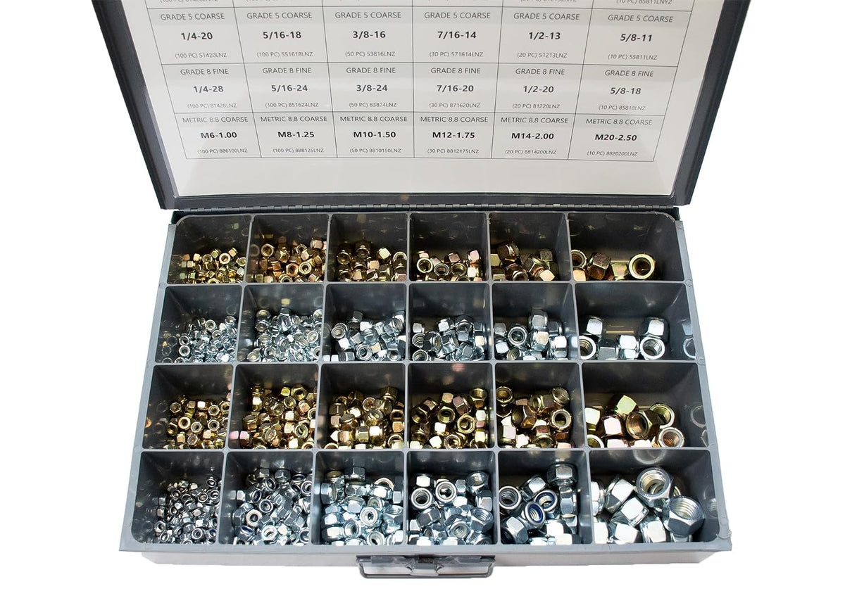 1200pcs Nylon Locknut Assortment USS, SAE, and Metric | Coarse and Fine Thread Grade 8, 5, and 8.8 (See Description for Quantities)