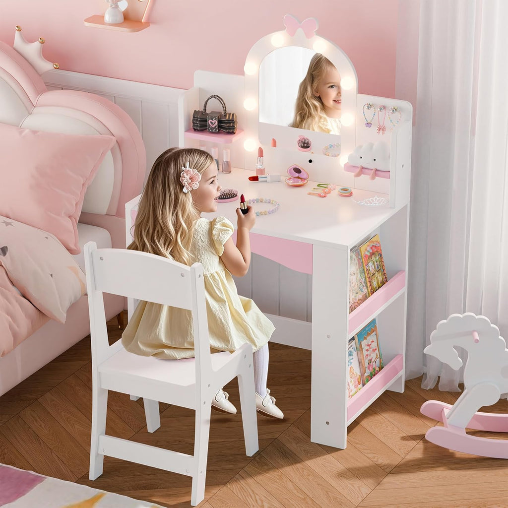 MU Kids Vanity with Lights, Princess Makeup Vanity Table and Chair Set for Girls, Toddler Vanity Desk with Open Bookshelf, Storage Cabinet & Shelves, Stools, White