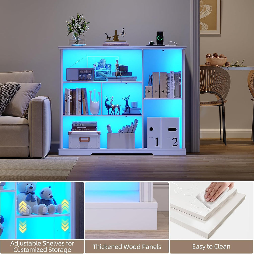 3-Tier LED Bookshelf with Lights - Motion Sensor Bookcase - USB Charging Module - Adjustable Display Shelf for Bedroom Kids Room Living Room Home Office - 47.24 W x 40 H - White