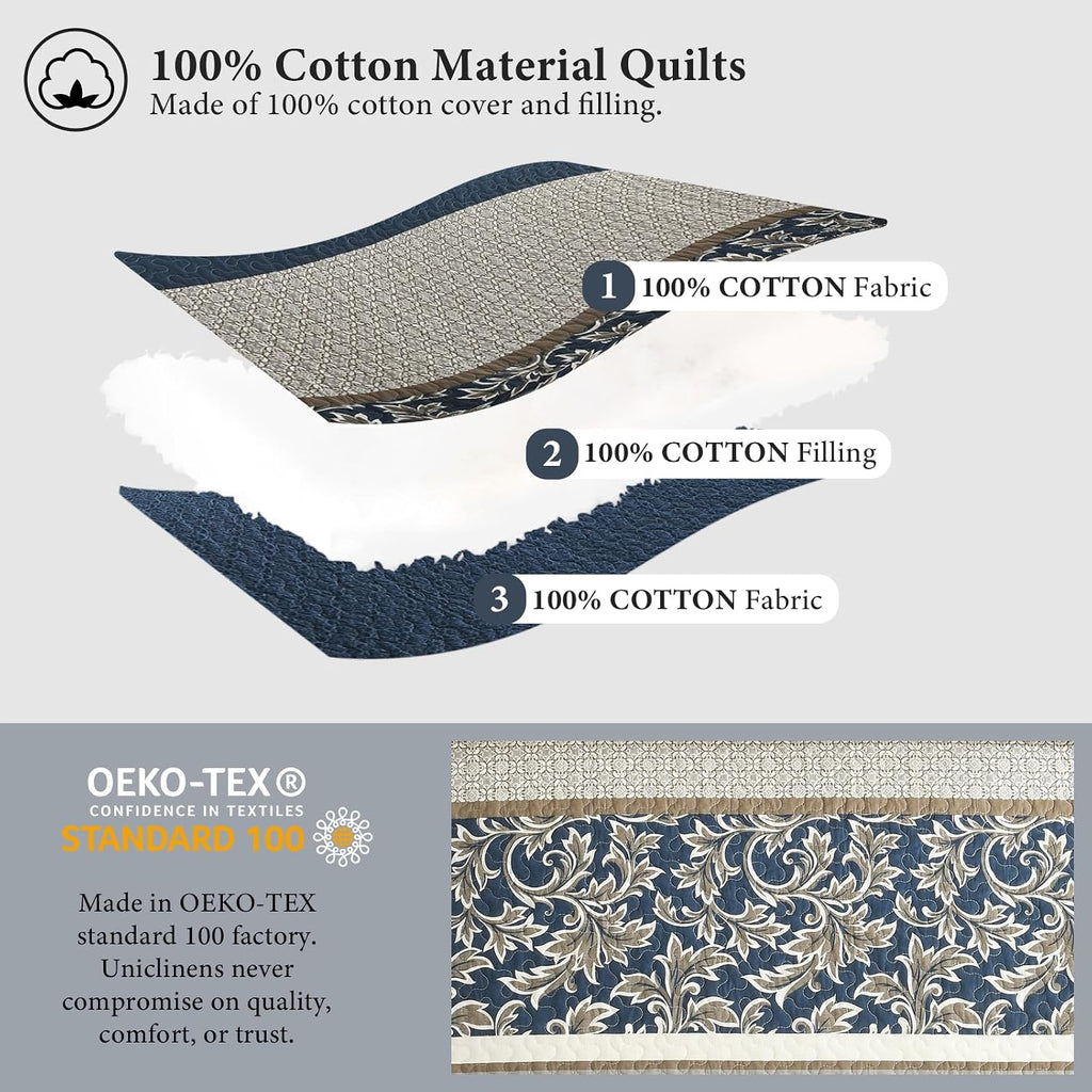 Uniclinens 100% Cotton Quilts Queen Size, Lightweight Botanical Striped Queen Quilt Bedding Set, Vintage Chic Reversible Quilted Bedspreads Coverlet Set, All Season, 3 Pieces, Navy Blue/Gray/Kharki