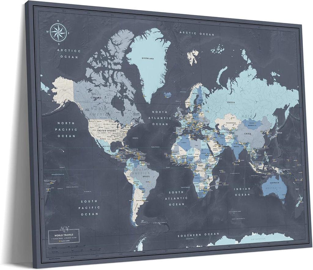 World Map Canvas with Pins: Explore Political or Tourist Destinations in 5 Colors. | Perfect Gift for Travelers' sized 22' x 16' | by Pin Adventure map (Navy, Political map)
