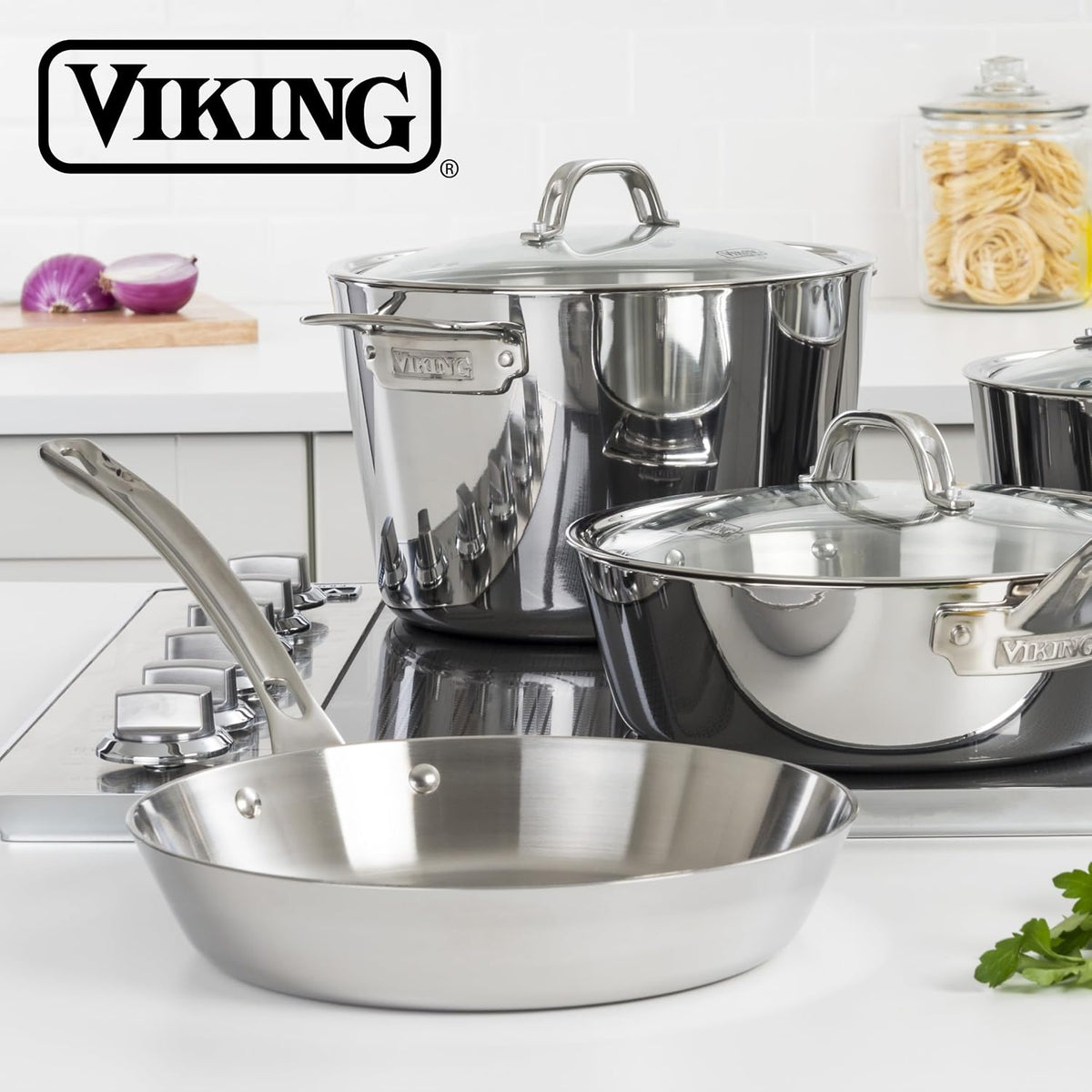 Viking Contemporary 3-Ply Frying Pan, 10 Inch Stainless Steel Fry Pan, 5 Quarts, Silver