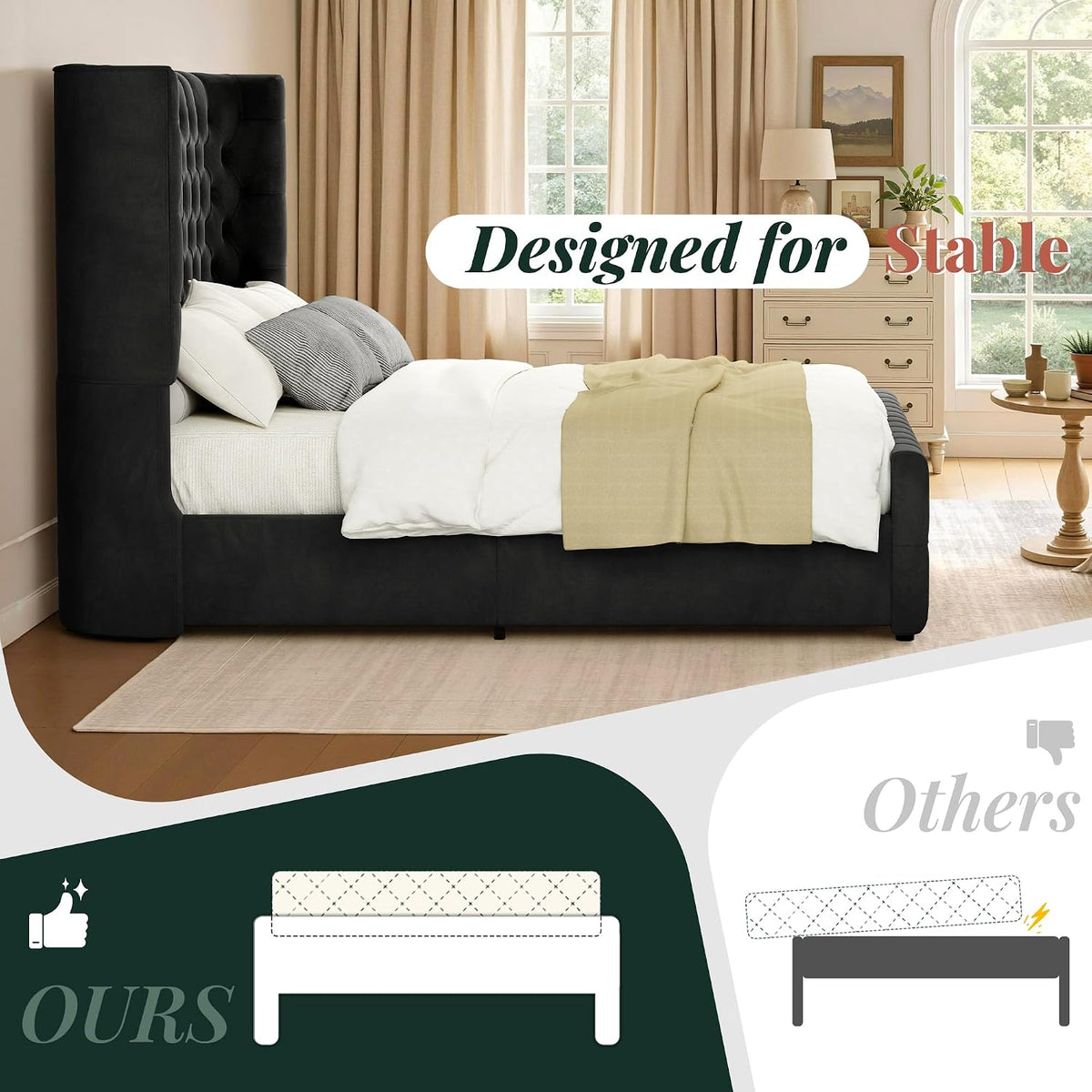 Jocisland King Size Platform Bed Frame, 6.3' Thick Upholstered Curved Wingback Deep Button Tufted Headboard and Footboard, No Box Spring Needed, Easy Assembly, Black Velvet