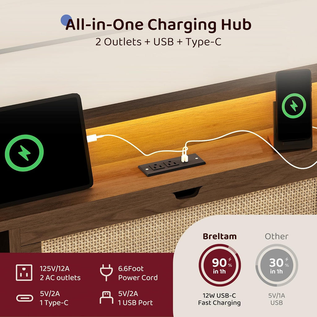 BRELTAM Queen Size Rattan Bed Frame with 4 Storage Drawers and Hidden Storage Headboard Wooden Platform Bed Frame with LED Lights and Charging Station, No Box Spring Needed, Easy Assembly, Brown