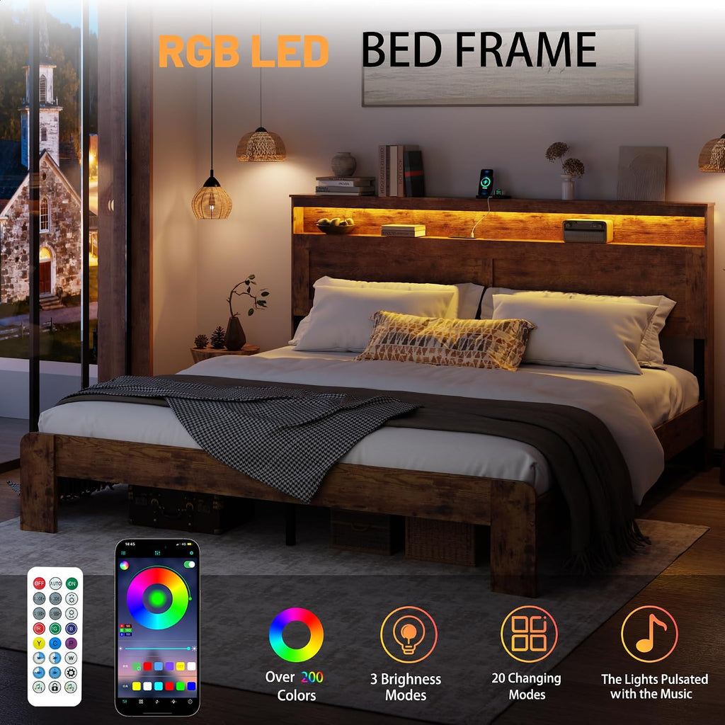 Wooden Bed Frame King Size with Storage Headboard, Rustic Platform Bedframe with LED Lights & Charging Station, Metal Slats Support, Noise-Free, No Box Spring Needed, Brown
