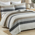 Finlonte 100% Cotton King Size Quilt Set, Patchwork Striped King Quilt Bedding Set Farmhouse Bedspread, Lightweight Quilted Comforter Reversible Bed Spread for All Season, White/Brown/Grey, 3 Pieces