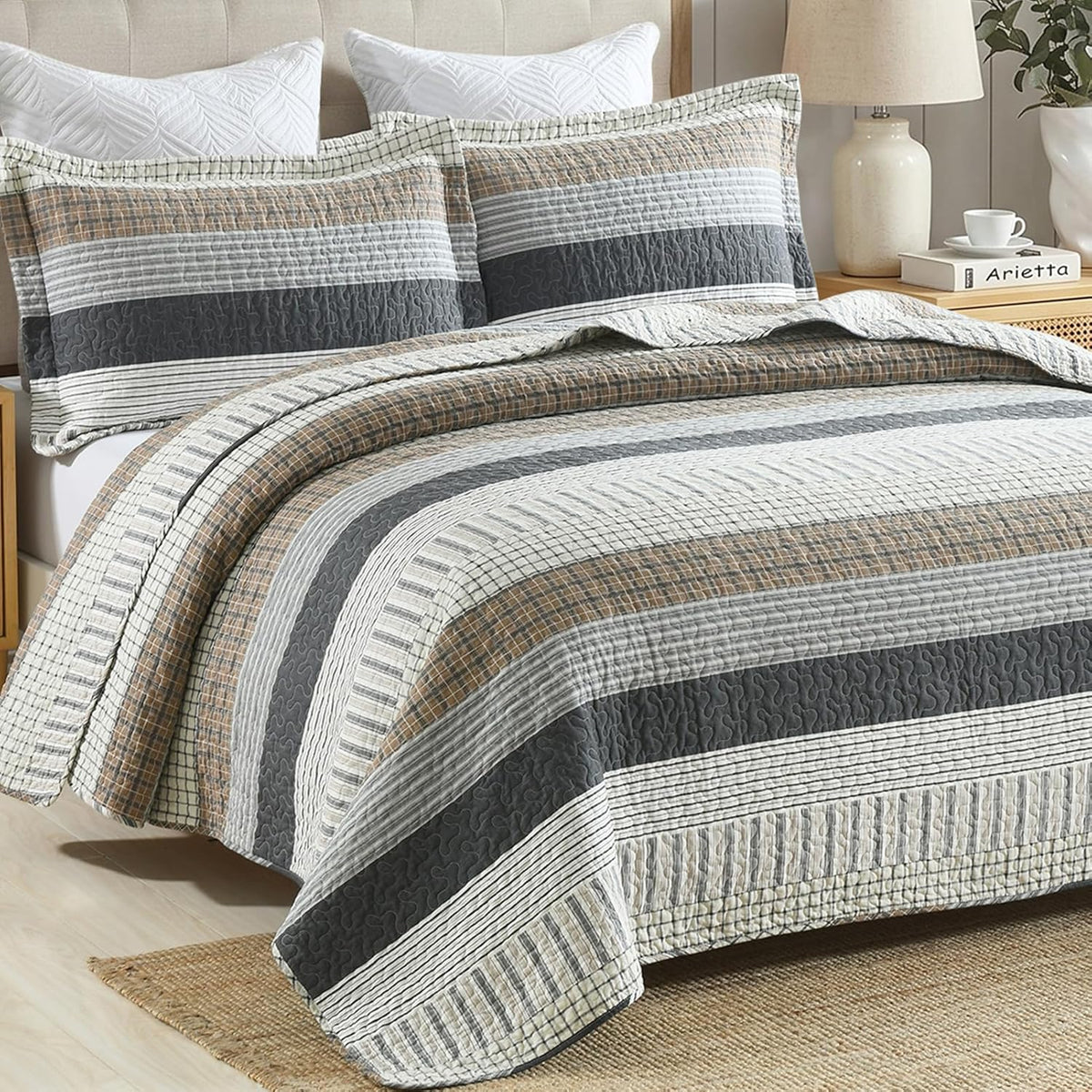 Finlonte 100% Cotton King Size Quilt Set, Patchwork Striped King Quilt Bedding Set Farmhouse Bedspread, Lightweight Quilted Comforter Reversible Bed Spread for All Season, White/Brown/Grey, 3 Pieces