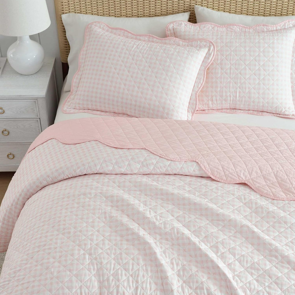 Martha Stewart - King Quilt Set, 100% Soft & Breathable Bedding with a Lightweight Feel for Year Round Comfort, 3 Piece Bed Set with Matching Pillowcases (Olivia Gingham Pink)