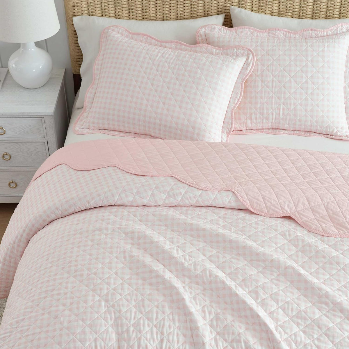 Martha Stewart - King Quilt Set, 100% Soft & Breathable Bedding with a Lightweight Feel for Year Round Comfort, 3 Piece Bed Set with Matching Pillowcases (Olivia Gingham Pink)