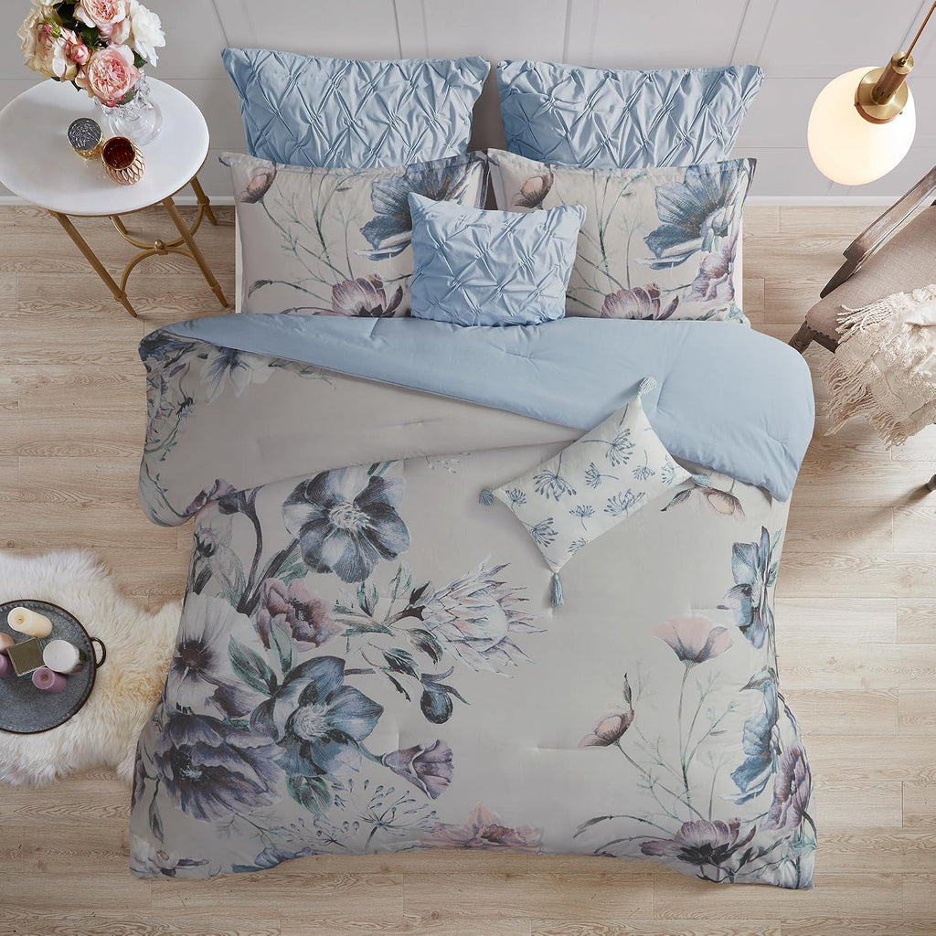 Madison Park Cassandra Cotton Blend Comforter Set - Feminine Design Colorful Floral Print, All Season Down Alternative Bedding Layer and Matching Shams, California King (104 in x 92 in), Blue 8 Piece