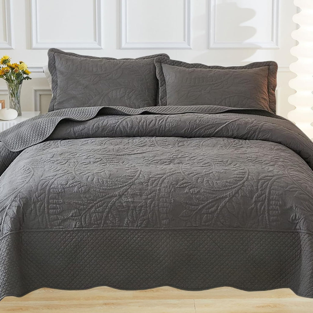 MarCielo 3-Piece 100% Cotton Oversized Bedspread Lightweight Quilt Coverlet Embroidery Farmhouse Bedding Set T0 (Dark Grey, Oversized King (118'x106'))