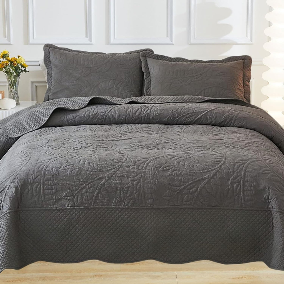 MarCielo 3-Piece 100% Cotton Oversized Bedspread Lightweight Quilt Coverlet Embroidery Farmhouse Bedding Set T0 (Dark Grey, Oversized King (118'x106'))