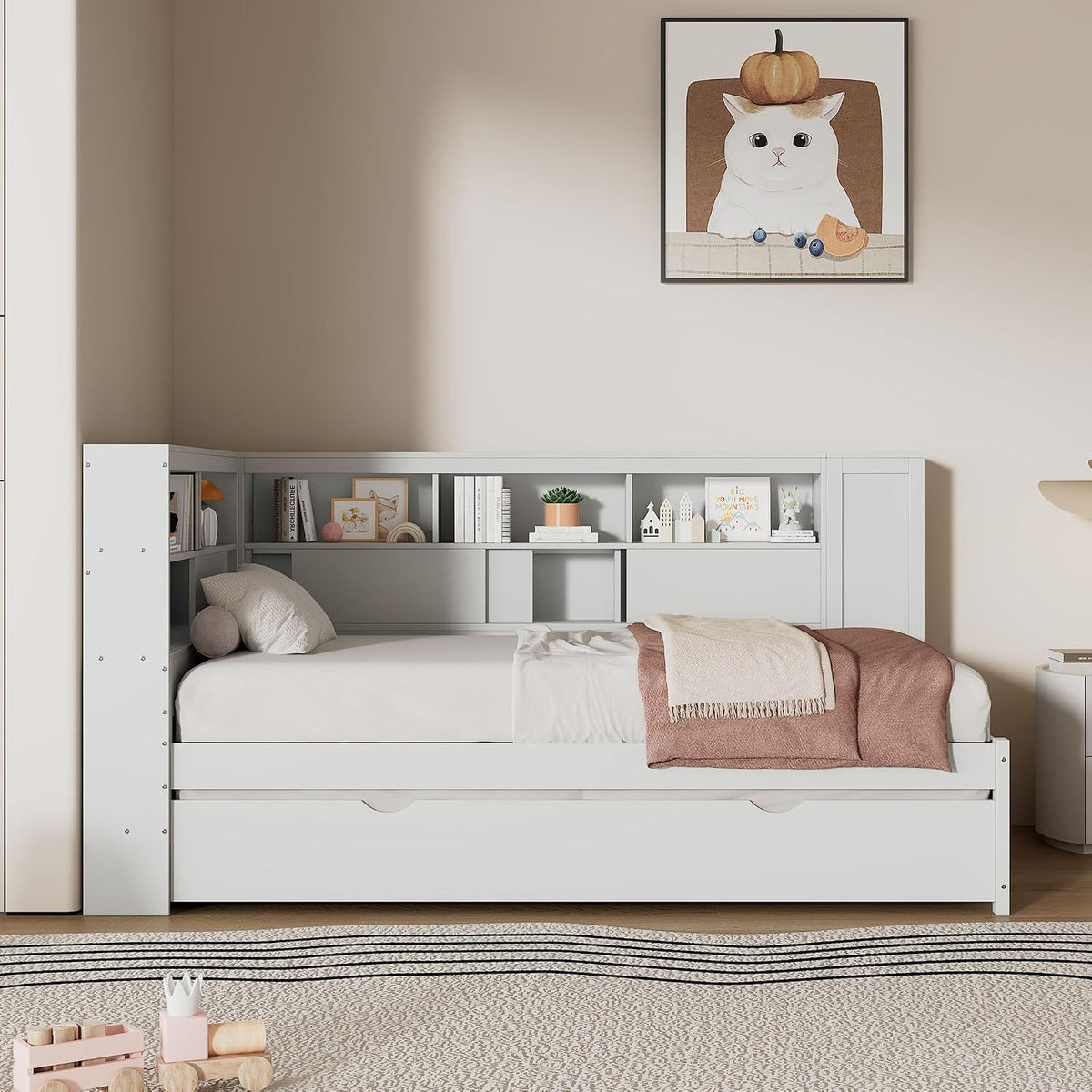 Merax Twin Corner Bed Frame, Twin Size Corner Beds with Trundle, Daybed with Storage Bookcase and Charging Station, Wood Platform Bed for Kids and Teen, White