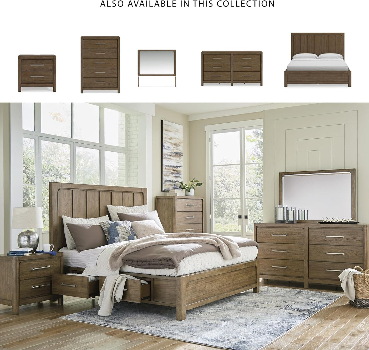 Signature Design by Ashley Cabalynn Modern 4-Drawer King Platform Bed with Storage, Foundation or Box Spring Not Needed, Light Brown
