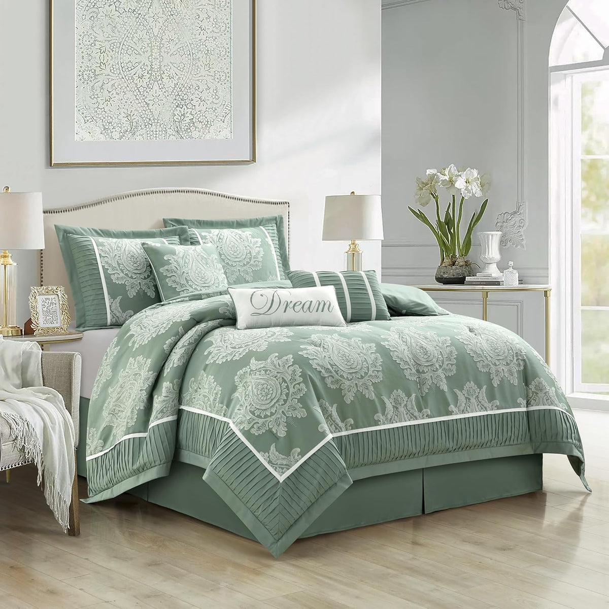 Grand Avenue Sage 7PC Comforter Set Queen Size, Jacquard with Matching Solid Piecework Bedding Set, All Season, Bedskirt, Pillows & Shams