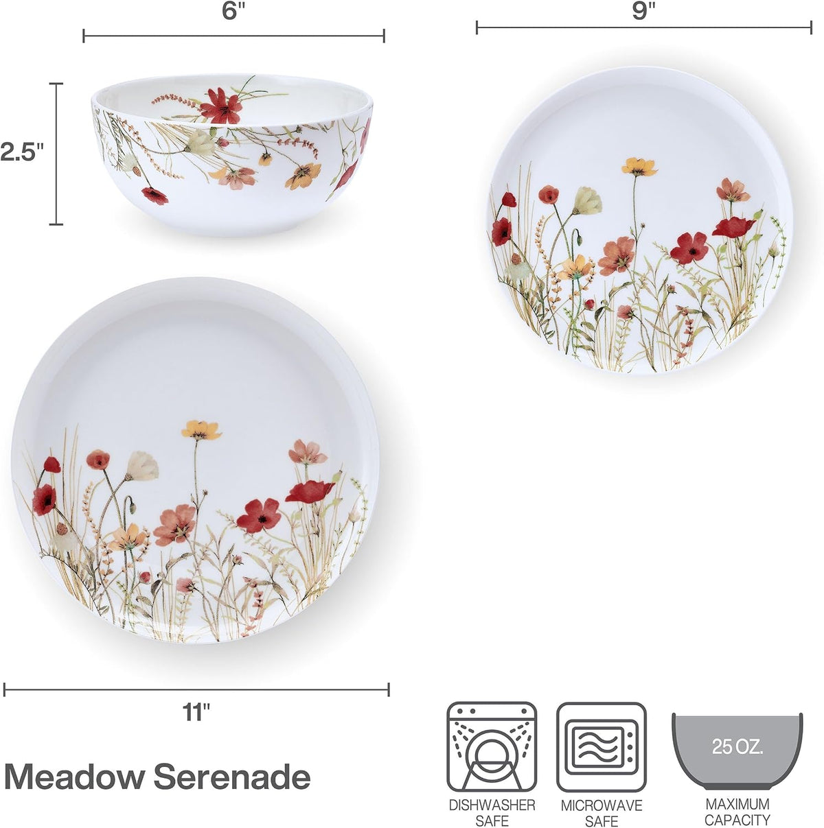Mikasa Meadow Serenade 12 Piece Floral Bone China Durable Chip Resistant Lightweight Dinnerware Set, Service for 4