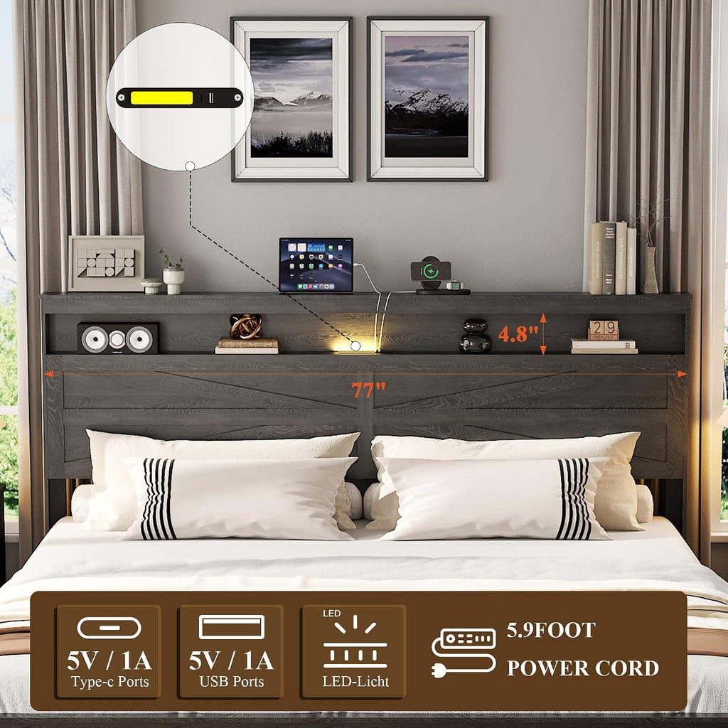 Farmhouse King Size Bed Frame with Headboard Storage Shelf, Wood Platform Bed Frame with LED Lights & Charging Station, Rustic Black Metal Bed, No Box Spring Needed, Noise-Free Sturdy Structure
