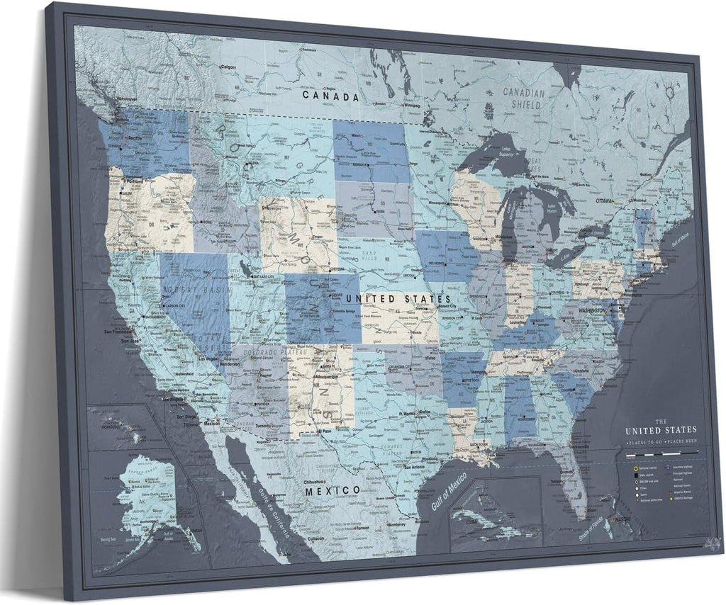 US Travel Map With Push Pins on Canvas - Detailed USA pin map - Large US Wall Map Pin Board - Map of National Parks in United States