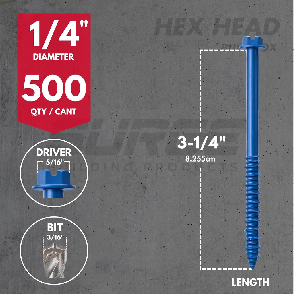 1/4' x 3-1/4' Hex Head Blue Concrete Screw Anchor with Drill Bit & Driver (Box of 500) | Masonry Screws for Concrete, Block, and Brick