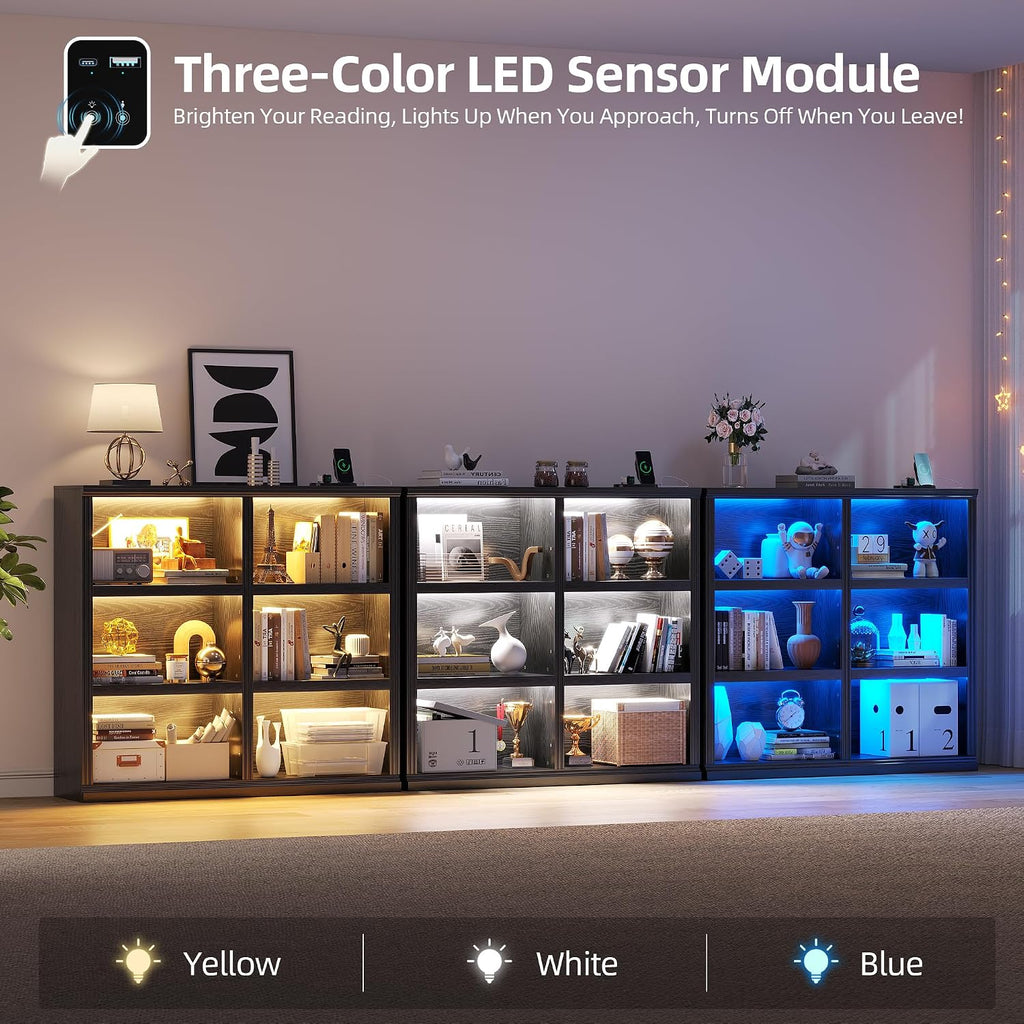 6-Cube LED Bookshelf with Motion Sensor Lights - USB Type-C Charging Module - Modern Cube Organizer Display Shelf 47.24 W x 43.31 H for Bedroom Living Room Home Office Gaming Room - Black