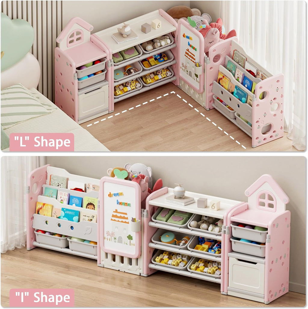 Kids Toy Storage Organizer with 10 Removable Bins, Foldable Toy Organizers and Storage with 3-Tier Bookshelf for Kids Toy Storage Organizer with Drawing Board, Extra 3 Brushes (4 In 1 Light Pink)