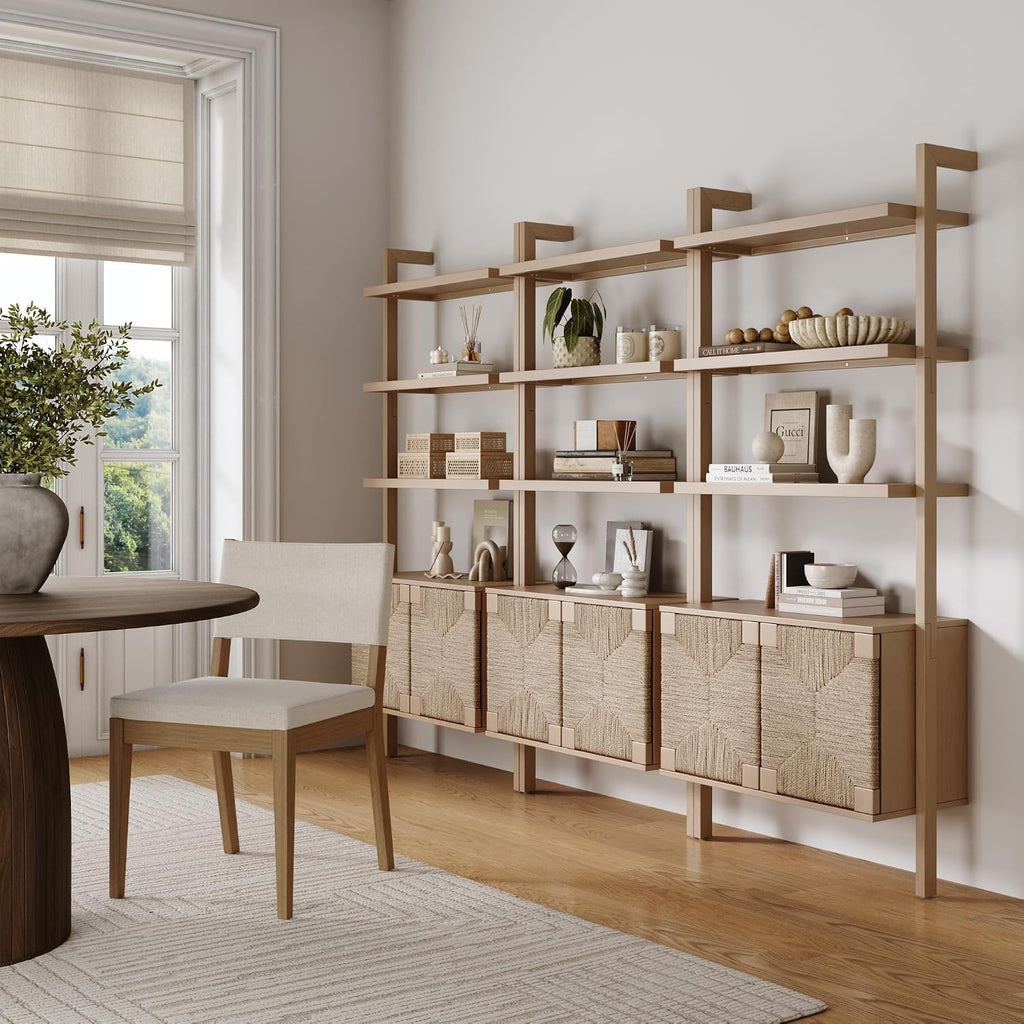 Nathan James Beacon 3-Shelf Bookcase with Seagrass Cabinet, Solid Wood Bookshelf with Storage with Solid Wood Frame, Seagrass/Raw Oak Set of 3