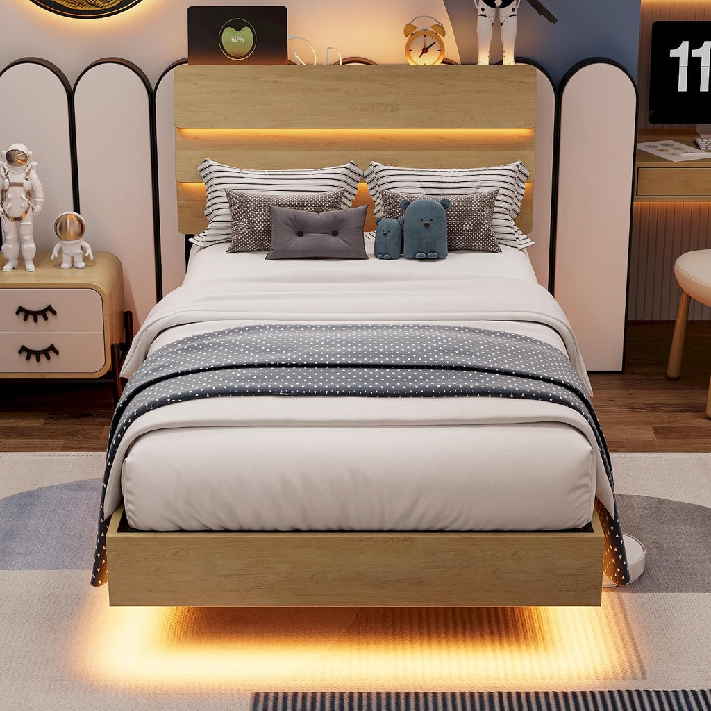 Einhomn Twin Bed Frames with LED Light and Charging Station, Floating Wooden Bed Frame, Heavy Duty Metal Slats, No Box Spring Needed, Noise Free, Easy Assembly, Oak