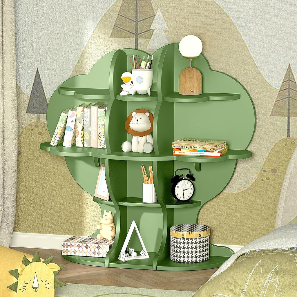 HedoAjim 4-Tier Christmas Tree Kids Bookshelf, Wooden Children Bookcase Toy Storage Organizer for Boys & Girls, Nursery, Playroom, Bedroom